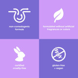 Non-comedogenic, fragrance-free, cruelty-free, gluten-free and vegan icons