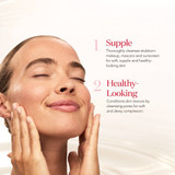 Smiling woman with eyes closed beside supple and healthy-looking text