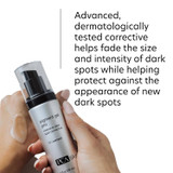 Hands holding Pigment Gel Pro, helps fade the size and intensity of dark spots text