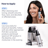 How to apply Pigment Gel Pro twice daily, woman holding bottle and product group