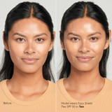 Before and after model wearing Colorescience Face Shield Flex SPF 50 in Tan