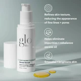 glo Skin Beauty Renew Serum bottle with texture, oil and brightening benefit icons
