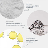 Zinc oxide, niacinamide and prebiotic blend ingredient callouts