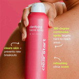 Hand spraying the Bacne Spray over a shoulder with 360-degree spray text