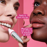 Woman applying the lip filler with application text
