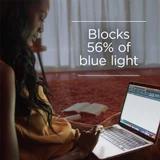 Woman working on a laptop at night, blocks 56% of blue light text