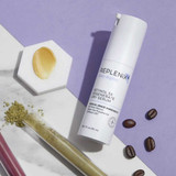 Replenix Retinol 5X serum bottle with texture swatch and coffee beans