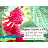 Organic raspberry oil graphic with raspberries on the plant
