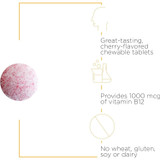 Pink chewable tablet with cherry flavor, 1000 mcg B12 and no wheat, gluten, soy or dairy callouts