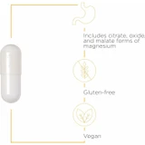 Tri-Magnesium capsule with citrate, oxide and malate, gluten-free and vegan callouts