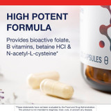 Two capsules beside the bottle with high potent formula text