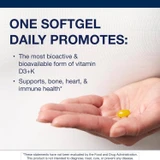 Softgel in an open palm, one softgel daily supports bone, heart and immune health