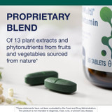 Two green tablets beside the bottle with proprietary blend text