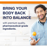 Smiling man tossing an orange, bring your body back into balance graphic