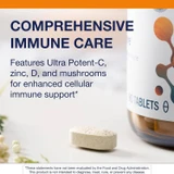 Tablet beside the bottle with vitamin C, zinc, D and mushroom text