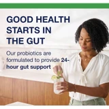 Woman drinking water with Good Health Starts in the Gut text