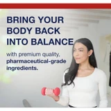 Woman holding a dumbbell, bring your body back into balance graphic