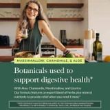 Woman in a kitchen, marshmallow, chamomile and aloe botanicals graphic