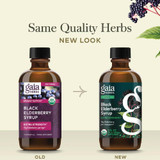Old and new Gaia Herbs Black Elderberry Syrup bottles, same quality new look