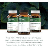 Rhodiola, Zinc 20 and Ashwagandha 700 bottles in front of leaves, Gaia Herbs PRO validation process graphic