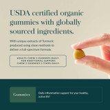 Hand holding a gummy, USDA certified organic gummies with globally sourced ingredients graphic