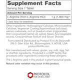 L-Arginine supplement facts, 1 g L-arginine from L-arginine HCl per tablet