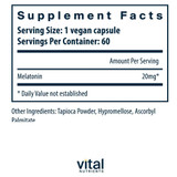 Vital Nutrients Melatonin supplement facts with 20 mg melatonin