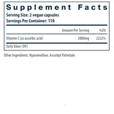 Vitamin C supplement facts panel, 2 vegan capsule serving, 110 servings