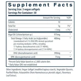 Vegan Omega SPM+ supplement facts panel, 3 vegan softgel serving