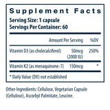 K2-7 + D3 supplement facts, 50 mcg vitamin D3 and 150 mcg vitamin K2