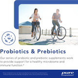 Couple riding bicycles by the sea with probiotics and prebiotics text