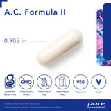 A.C. Formula II capsule measuring 0.905 inches with free-from and vegan icons