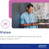 Man smiling at a tablet, Pure Encapsulations vision supplements graphic
