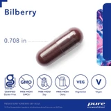 Bilberry capsule size 0.708 in with gluten-free, non-GMO, soy-free, dairy-free, vegetarian and vegan icons