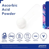 Scoop of Ascorbic Acid Powder with gluten-free, non-GMO, soy-free, dairy-free, vegetarian and vegan icons