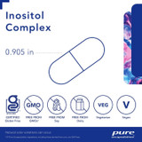 Inositol Complex capsule outline with size and certified gluten-free, non-GMO, vegan icons
