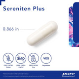 Sereniten Plus capsule with size and free-from gluten, GMO, soy icons