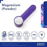 Magnesium powder in a scoop with free-from and vegan icons