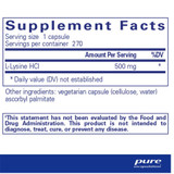 L-Lysine supplement facts panel, 500 mg per capsule
