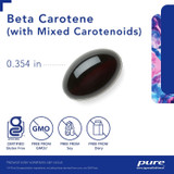 Beta Carotene softgel with size marker and free-from icons