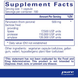 Pancreatic Enzyme Formula 180 capsule supplement facts panel
