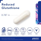 Reduced Glutathione 0.787 in capsule with gluten-free, non-GMO, soy-free, dairy-free, vegetarian and vegan icons