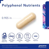 Polyphenol Nutrients capsule with size and certified gluten-free, non-GMO, vegetarian icons