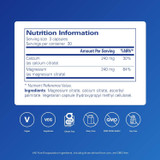 Calcium Magnesium (Citrate) nutrition information panel with free-from icons, 30 servings