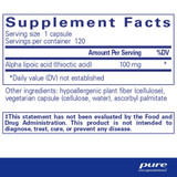 Alpha Lipoic Acid supplement facts panel, 100 mg per capsule, 120 servings