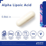 Alpha Lipoic Acid capsule beside 0.866 in size marker with free-from icons