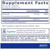 L-Tryptophan supplement facts, 1,000 mg TryptoPure L-tryptophan and vitamin B6 per 2 capsules, 45 servings