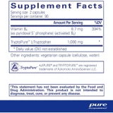 L-Tryptophan supplement facts, 1,000 mg TryptoPure L-tryptophan and vitamin B6 per 2 capsules, 90 servings