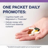 Hand holding a daily packet of supplements, one packet daily graphic
