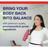 Woman holding a red water bottle, bring your body back into balance graphic